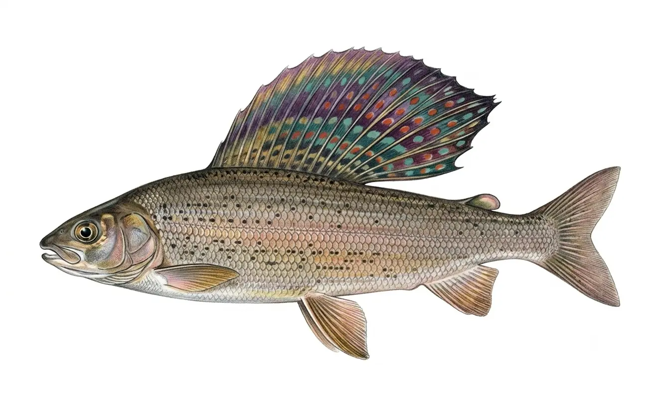 Illustration of an Arctic grayling, a slender lavender-silver fish with a tall, iridescent sail-like dorsal fin.