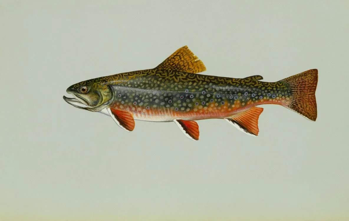 Illustration of a brook trout, dark olive back with pale worm-like markings and an orange belly with a black-and-white edged fin.