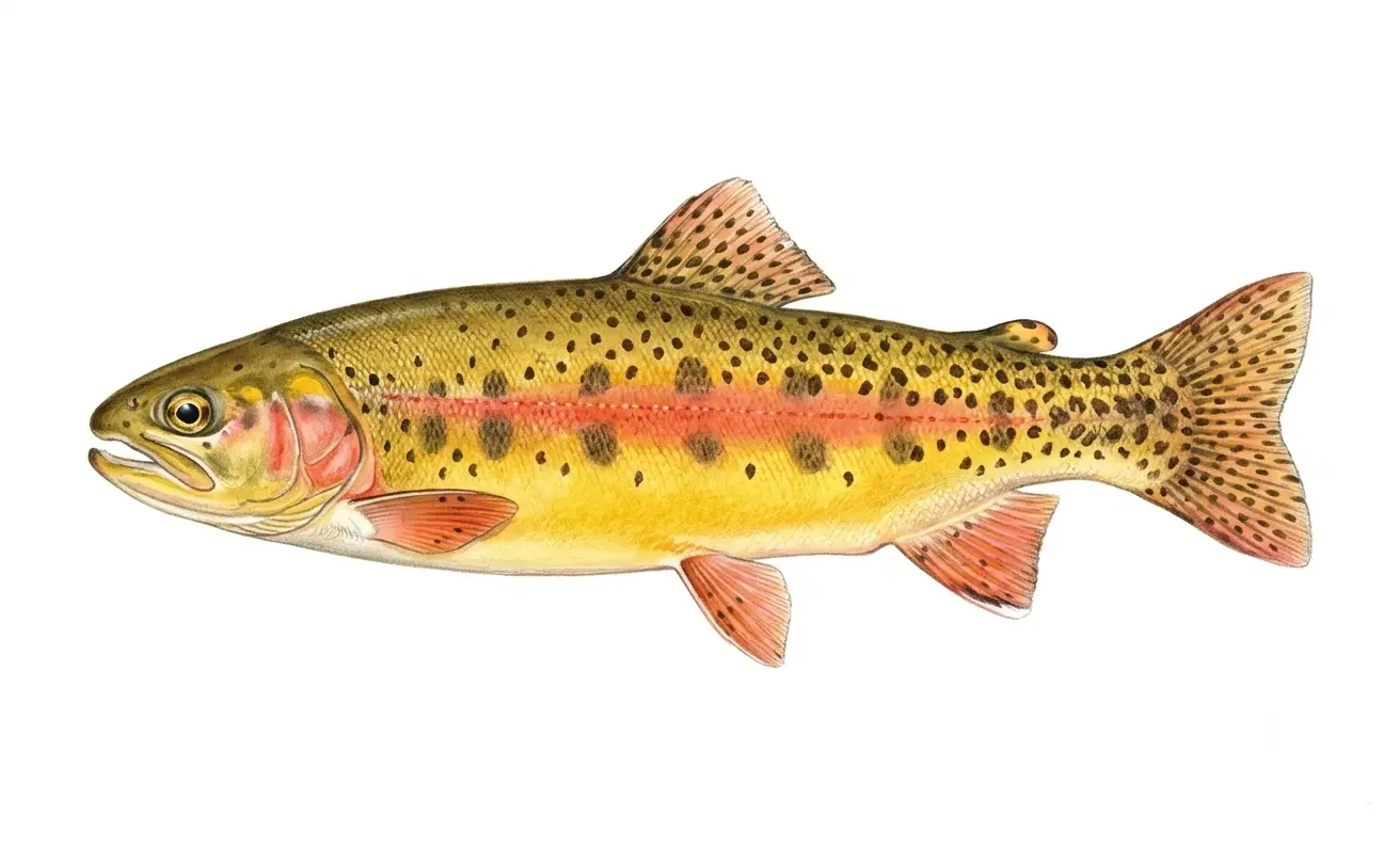 Illustration of a golden trout, with a bright golden-orange body, red belly stripe, and dark parr marks.