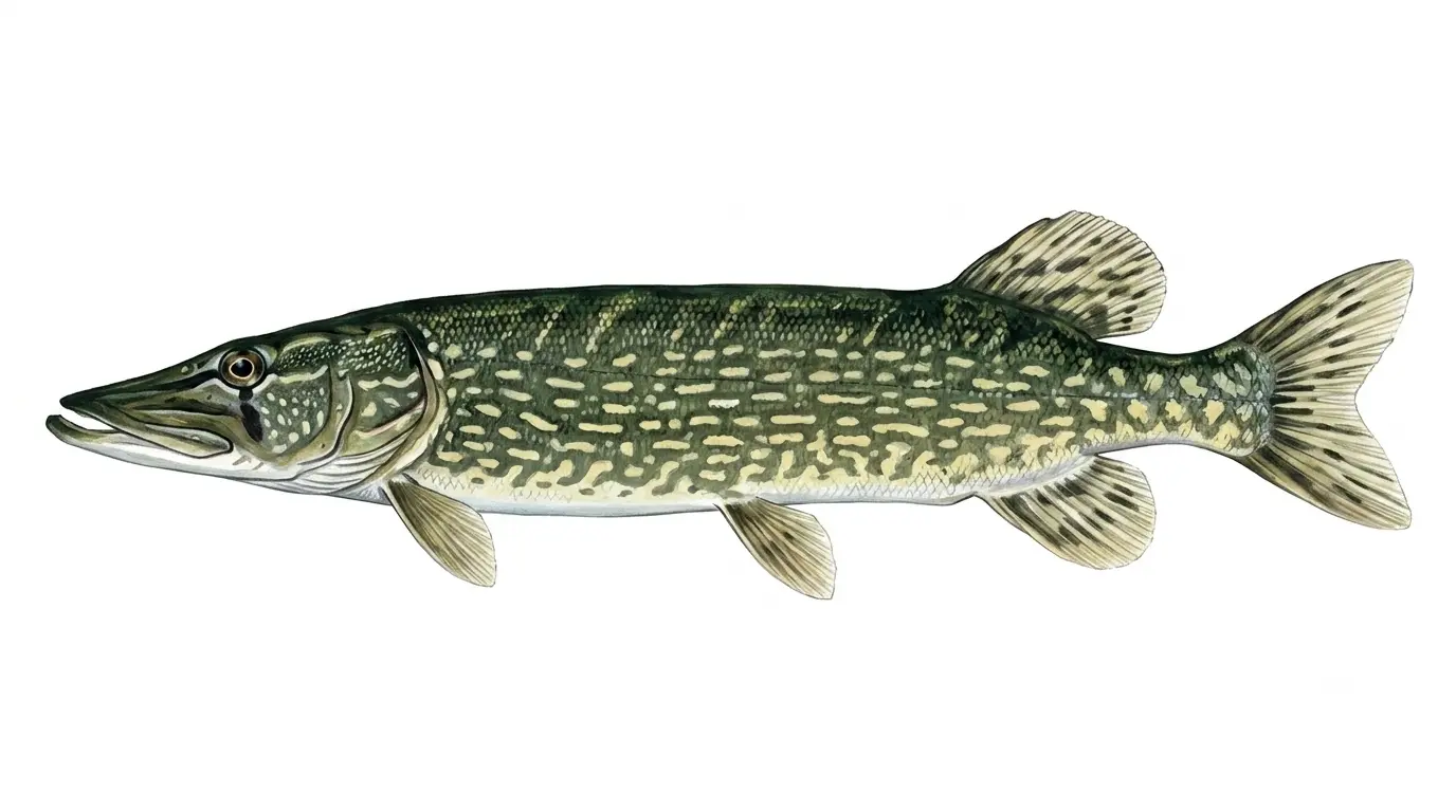 Illustration of a northern pike, a long, torpedo-shaped predator with light bean-shaped spots on a dark green body.