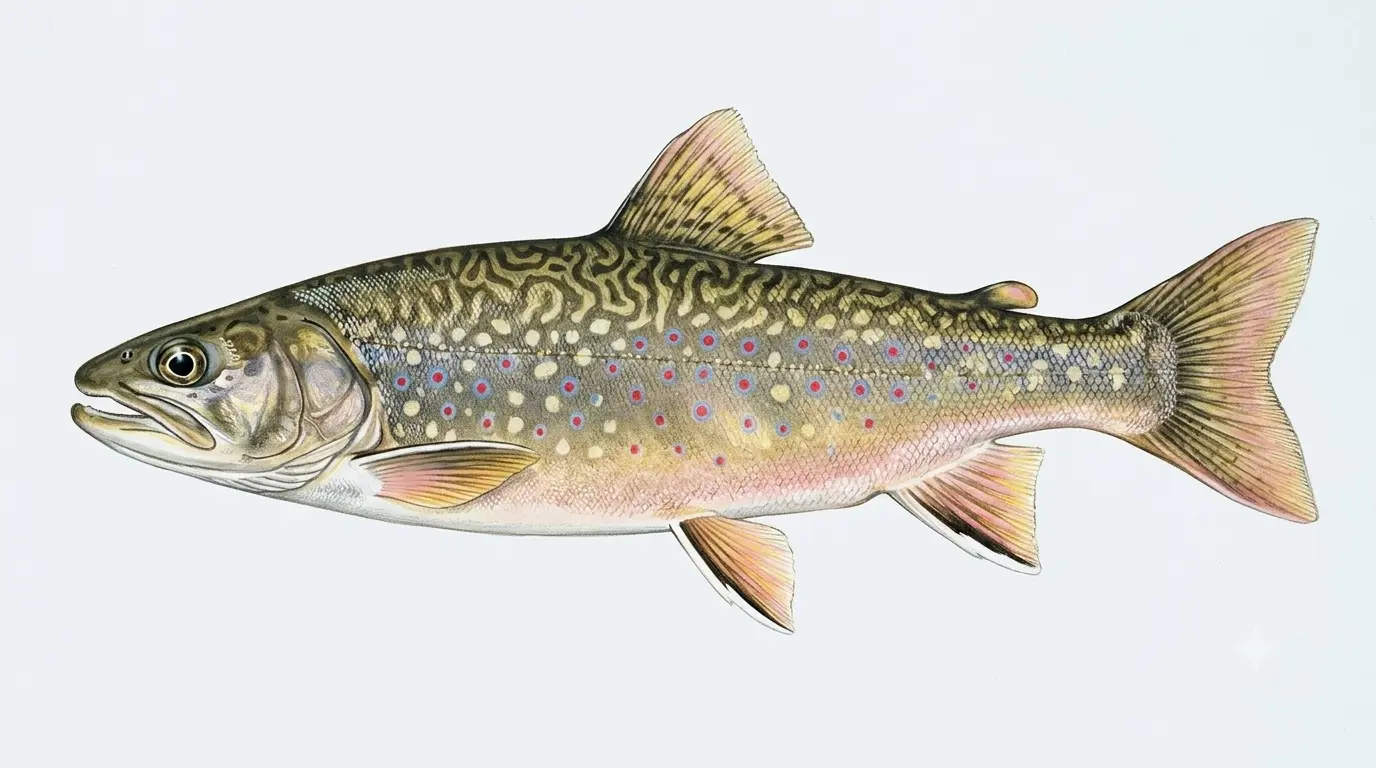 Illustration of a splake, a brook-trout-and-lake-trout hybrid with a worm-like vermiculated back and spotted, pink-tinged flanks.