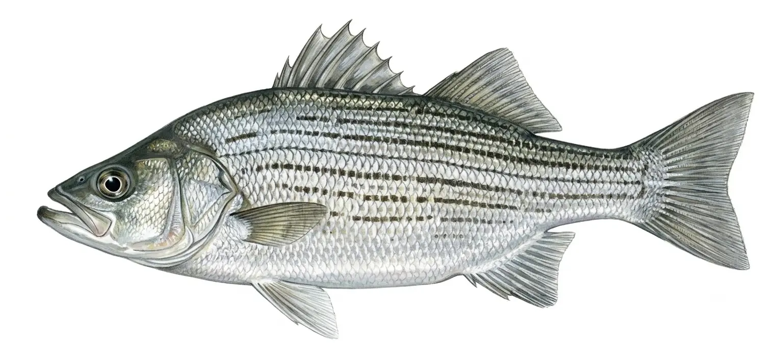 Illustration of a wiper, a striped-bass-and-white-bass hybrid with broken, discontinuous horizontal stripes.